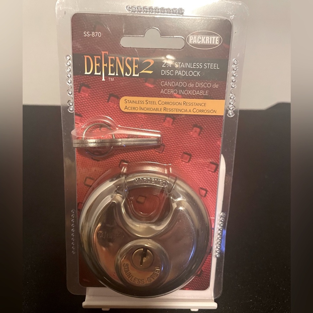 2 3/4” Stainless Steel Disc Padlock w/2 Keys SS-870 DEFENSE 2 Packrite NEW NIP